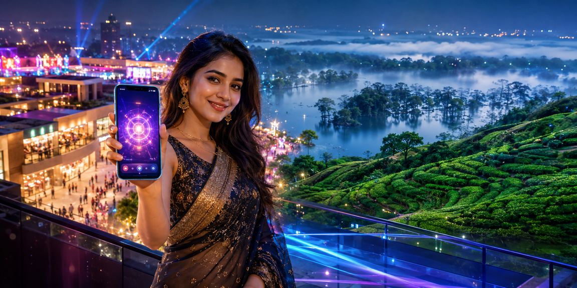 সিলেটের চা-বাগানের প্রকৃতিতে মোবাইলে tk1999 জ্যাকপট গেম খেলার দৃশ্য